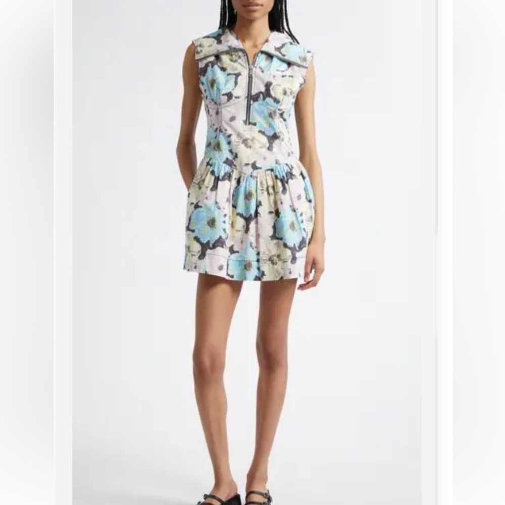 Ganni Floral Printed Sleeveless Cotton Poplin Mini Dress Size US 0, Euro 32